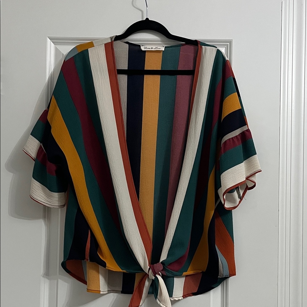 Vine & Love Colorful Striped Tie-Front Blouse